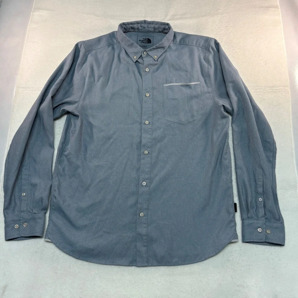 The North Face Mens Long Sleeve Button‎ Down Shirt Blue Grey Large L/G Pocket